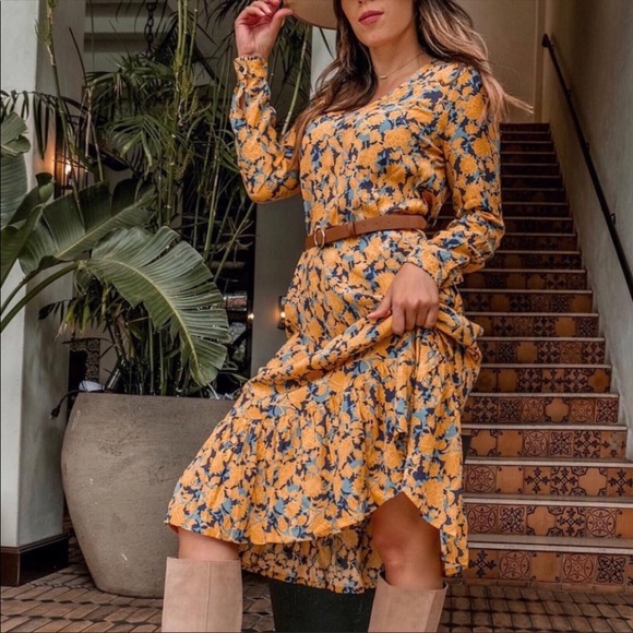 NEW JUST Blue Golden Floral Print Long Sleeve Dress - Picture 1 of 13